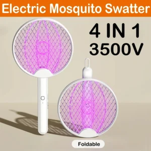 Mata-mosquitos elétrico 4 em 1, dobrável e portátil, com luz UV e recarregável via USB.